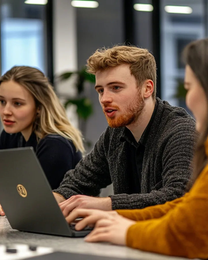 Three students discussing a project around a laptop