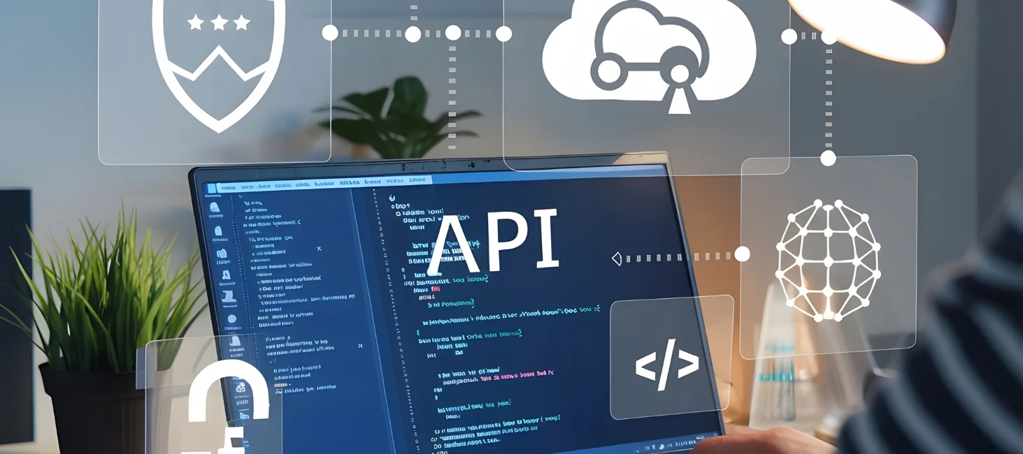 A person coding with an API on a laptop, with cloud and technology icons overlaid.