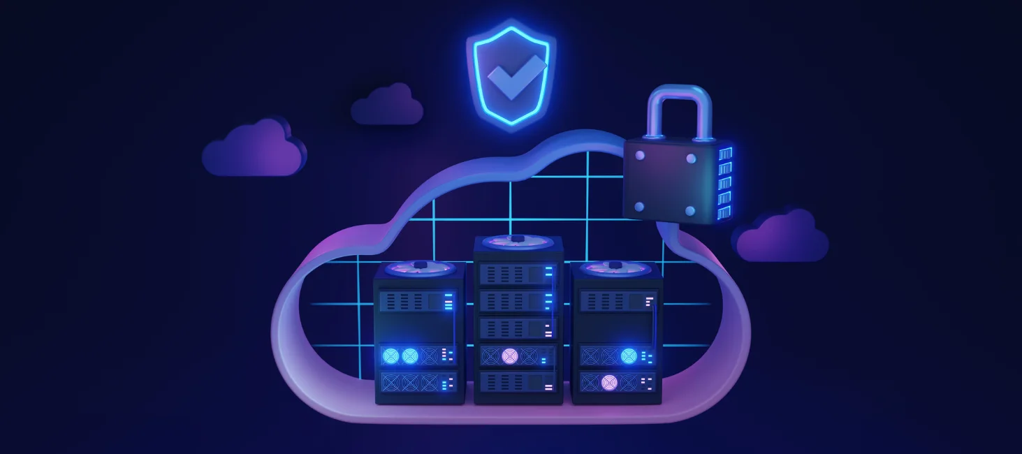 A digital cloud security illustration with a padlock, shield, and servers, set against a dark blue background.