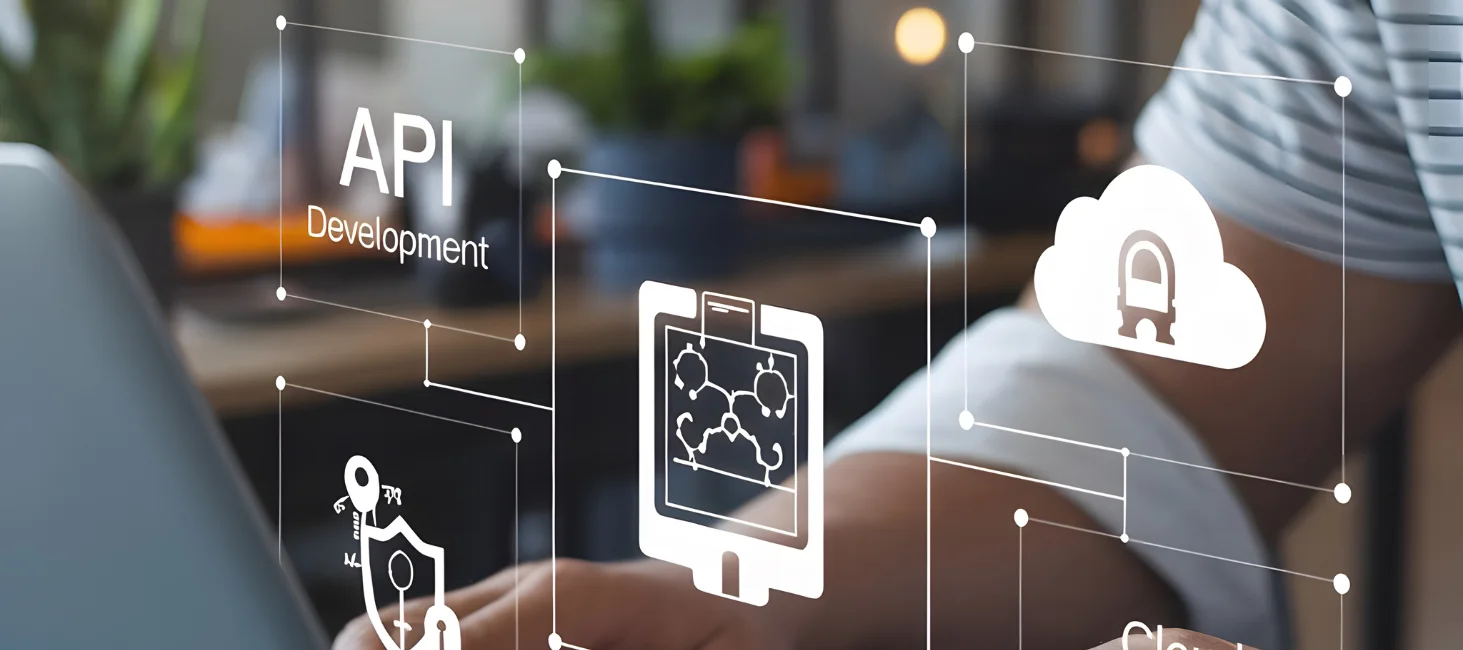 A person working on a laptop with overlaid icons representing API development and cloud computing.